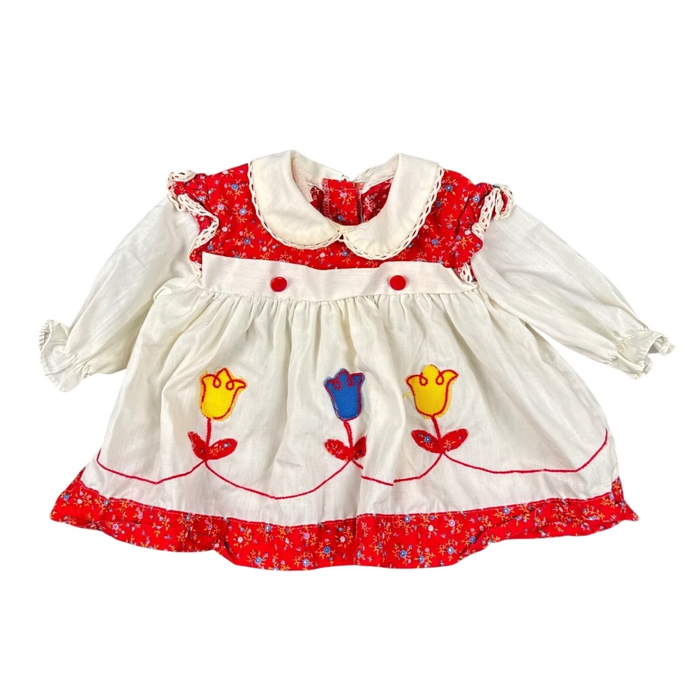 Vintage Baby Girl Red Floral White Tulip Embroidered Lace Trim Dress Long Sleeve